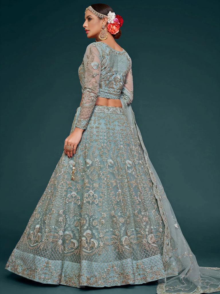 Fabulous Sky Blue Embroidered Net Wedding Wear Plus Size Lehenga Choli
