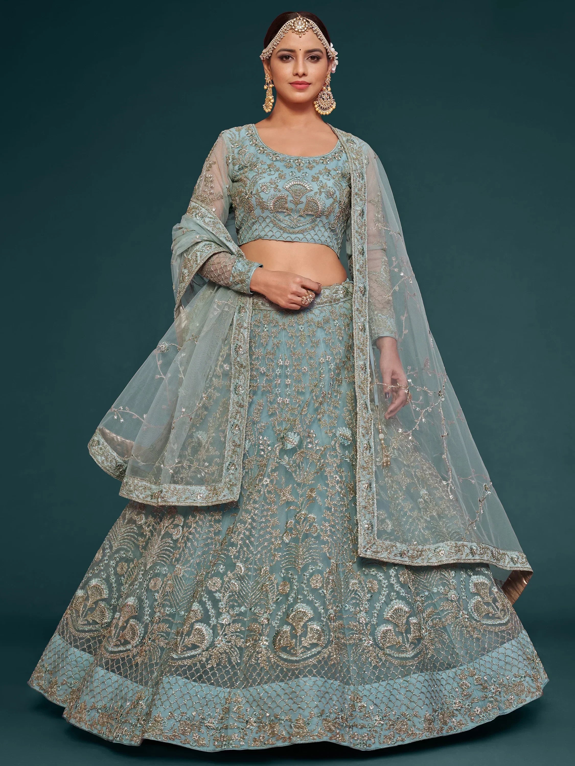 Exquisite Sky-Blue Dori Work Soft Net Ceremony Wear Lehenga Choli