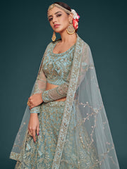 Exquisite Sky-Blue Dori Work Soft Net Ceremony Wear Lehenga Choli