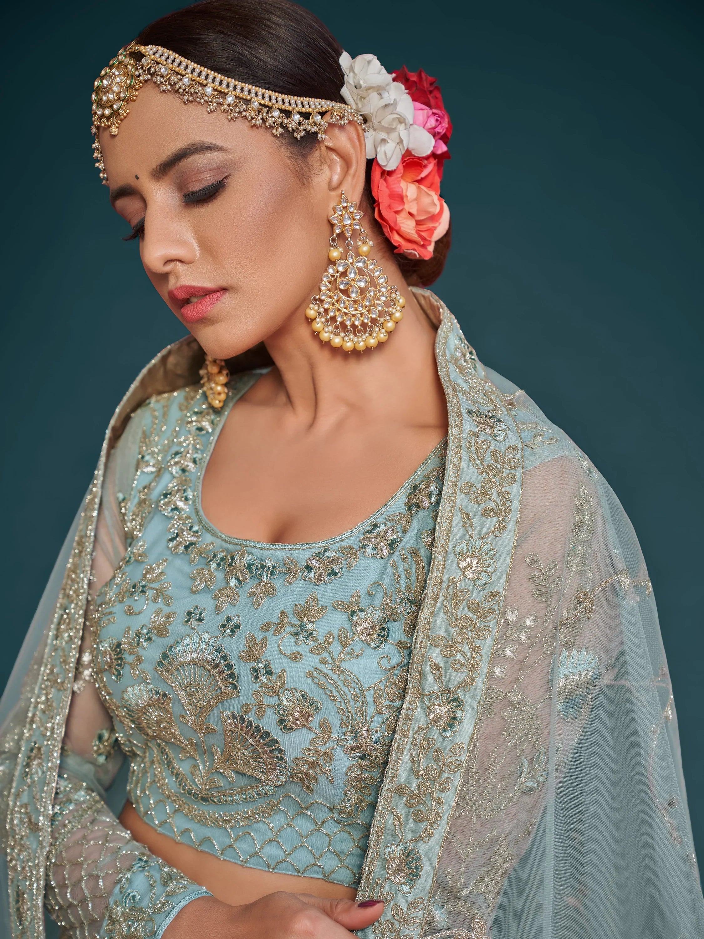 Exquisite Sky-Blue Dori Work Soft Net Ceremony Wear Lehenga Choli