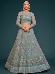 Exquisite Sky-Blue Dori Work Soft Net Ceremony Wear Lehenga Choli