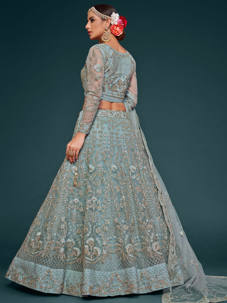 Exquisite Sky-Blue Dori Work Soft Net Ceremony Wear Lehenga Choli