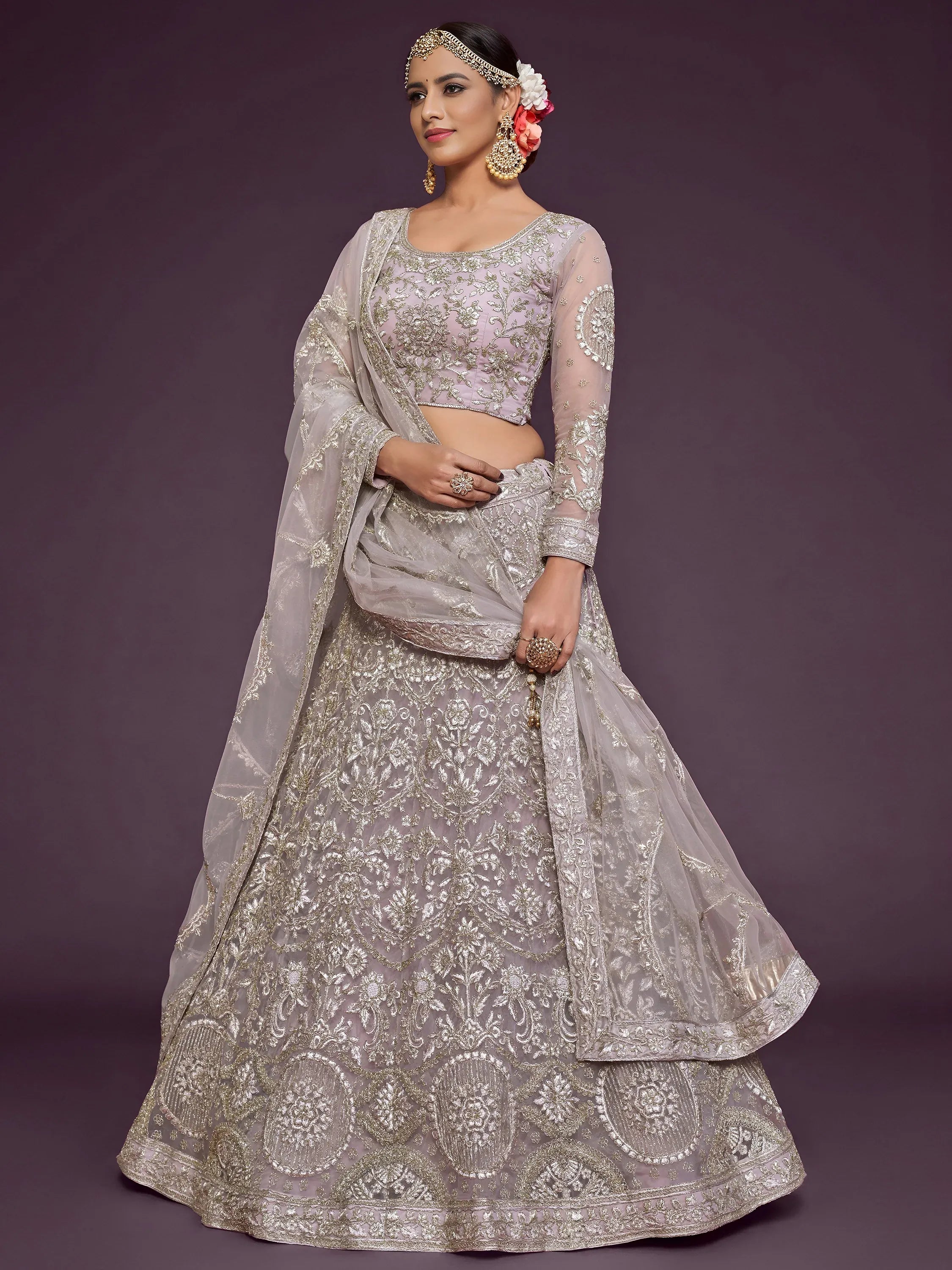 Adorable Lavender Embroidered Net Function Wear Plus Size Lehenga Choli