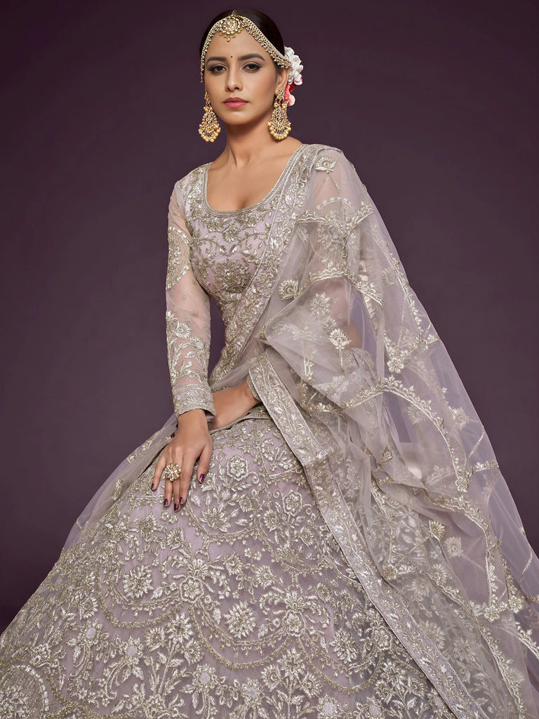 Adorable Lavender Embroidered Net Function Wear Plus Size Lehenga Choli