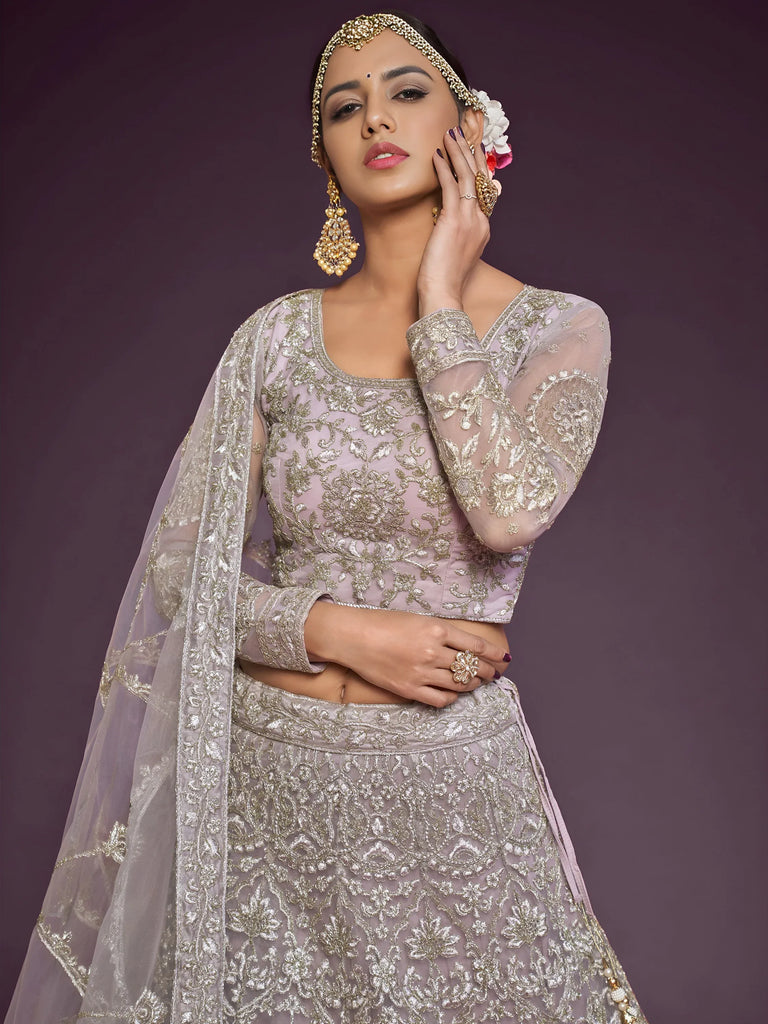Adorable Lavender Embroidered Net Function Wear Plus Size Lehenga Choli