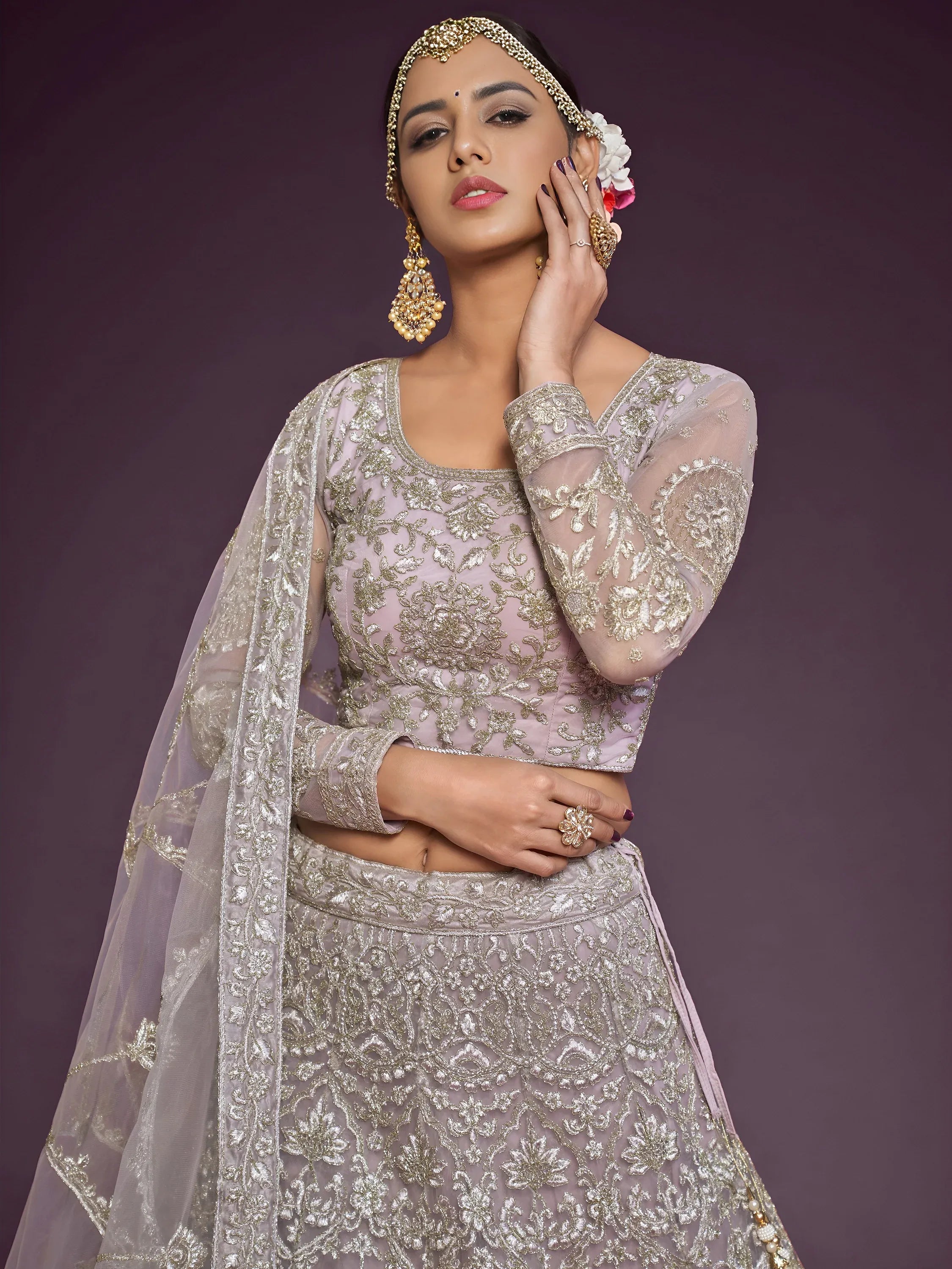 Adorable Lavender Embroidered Net Function Wear Plus Size Lehenga Choli