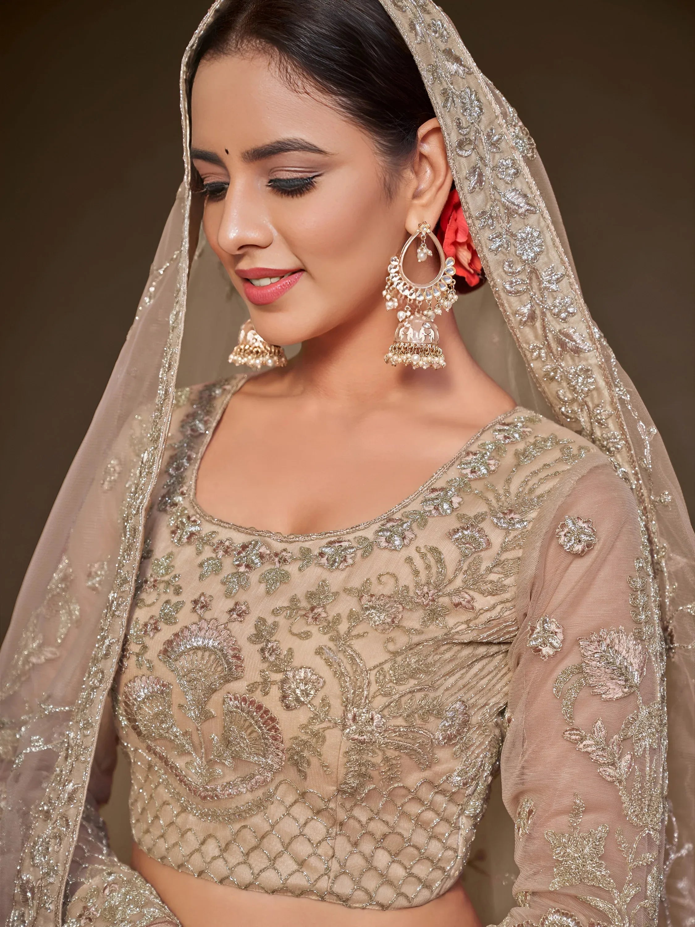Gorgeous Beige Embroidered Soft Net Occasion Wear Lehenga Choli