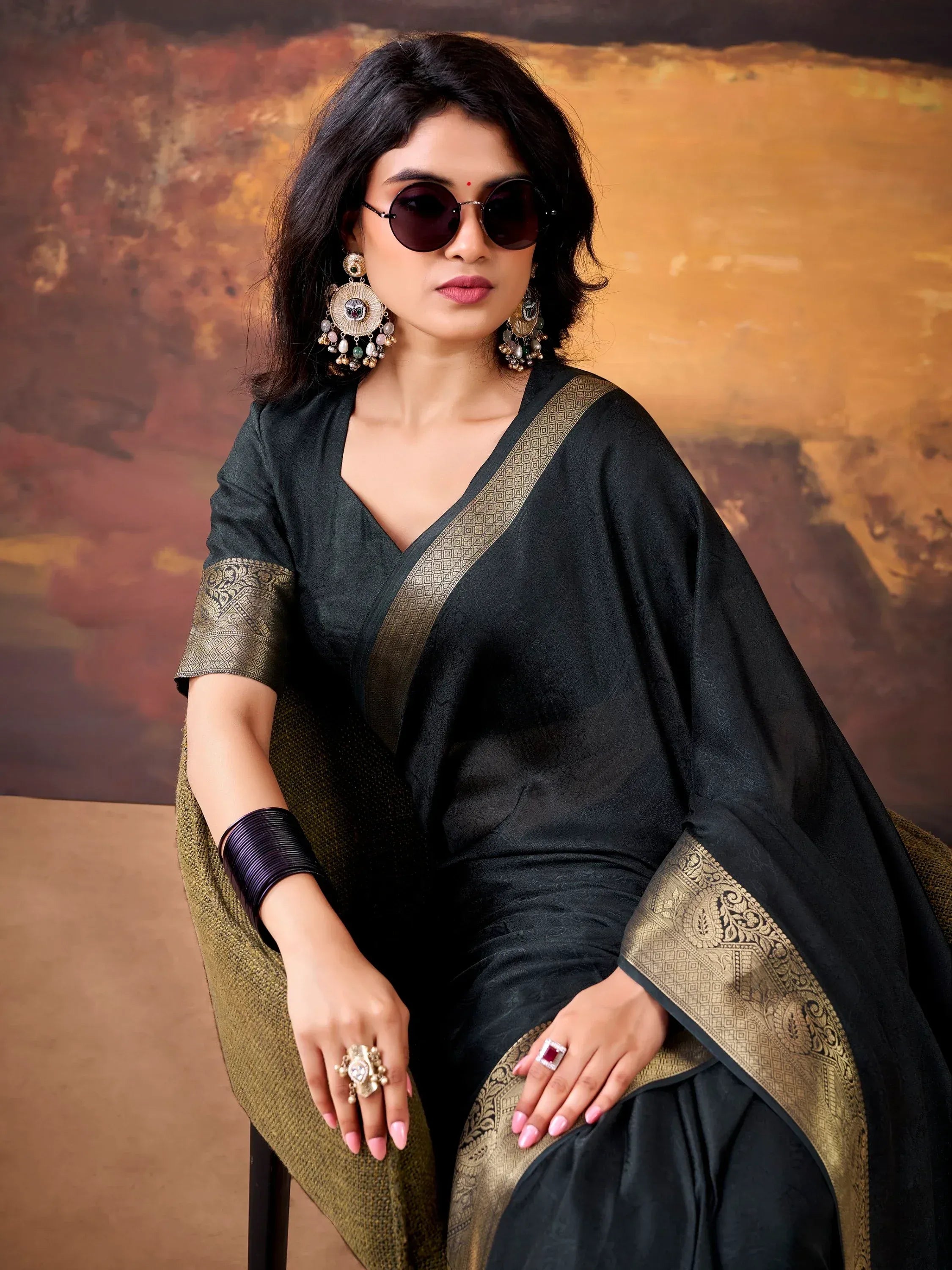 Aesthetic Black Zari Border Georgette Evening Wear Saree With Blouse