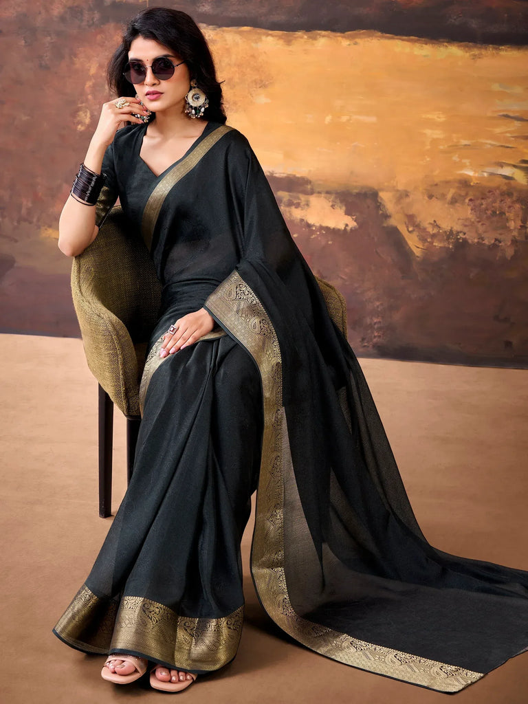 Aesthetic Black Zari Border Georgette Evening Wear Saree With Blouse