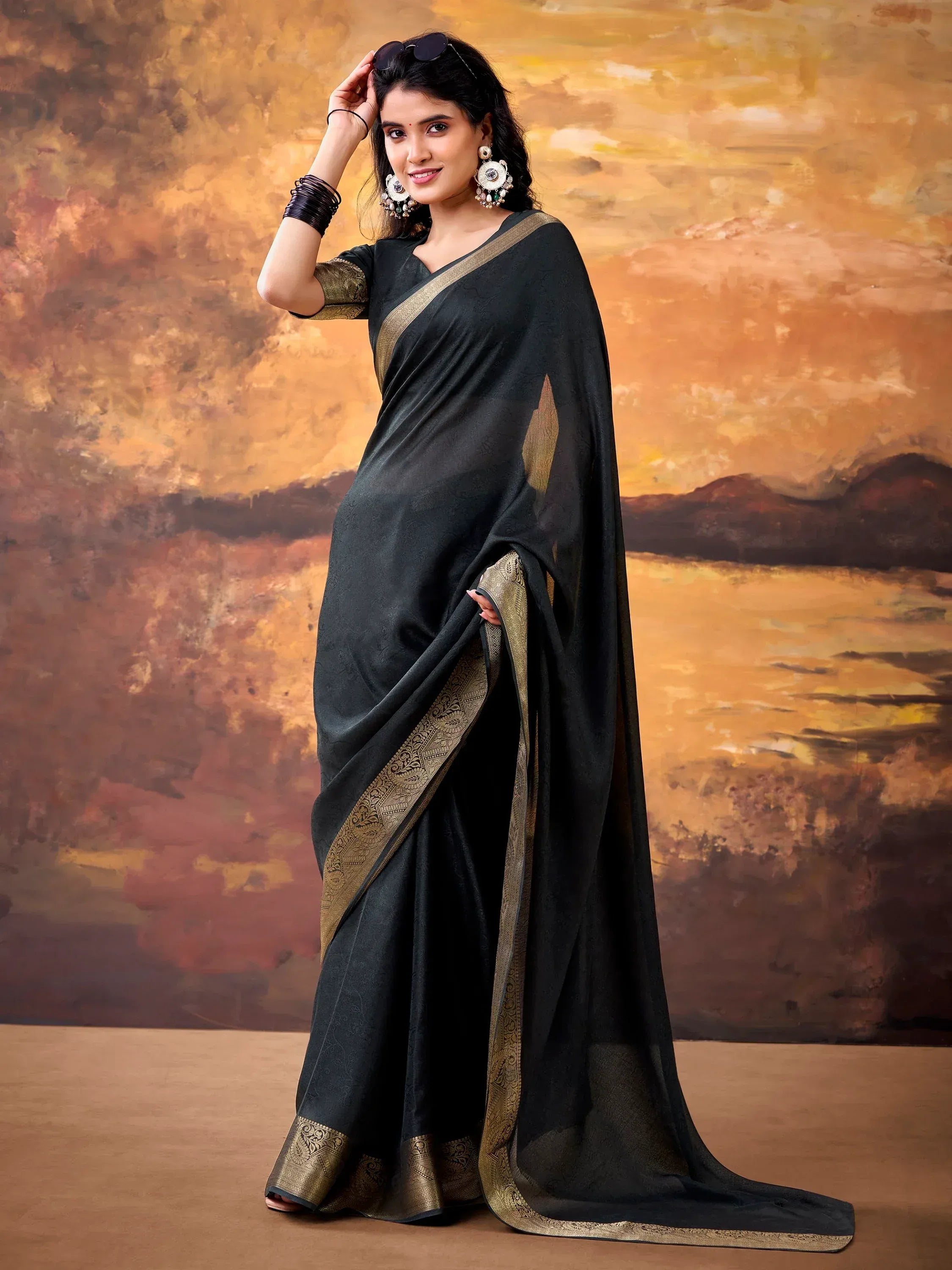 Aesthetic Black Zari Border Georgette Evening Wear Saree With Blouse