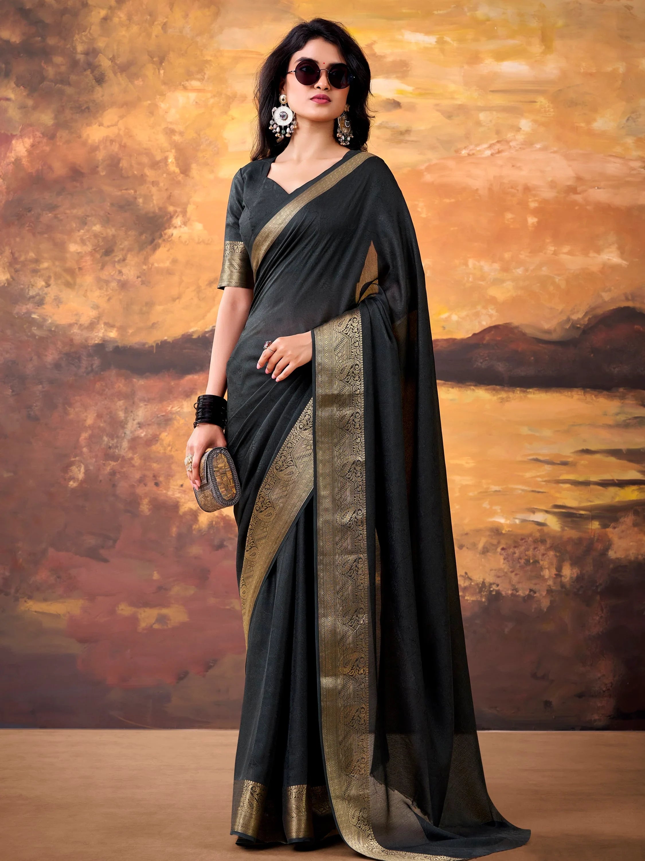 Aesthetic Black Zari Border Georgette Evening Wear Saree With Blouse