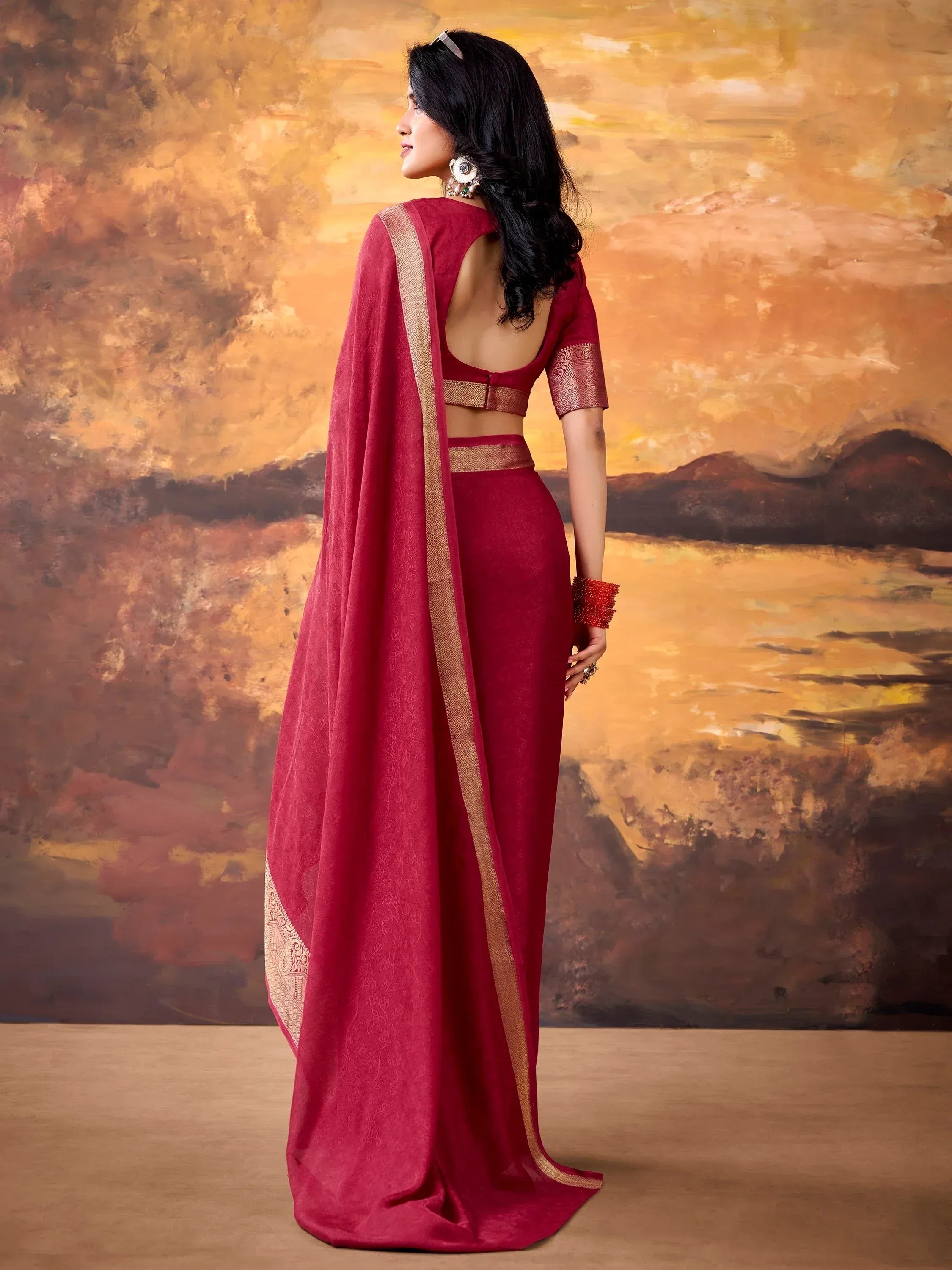 Gorgeous Maroon Zari Weaving Georgette Wedding Wear Saree With Blouse