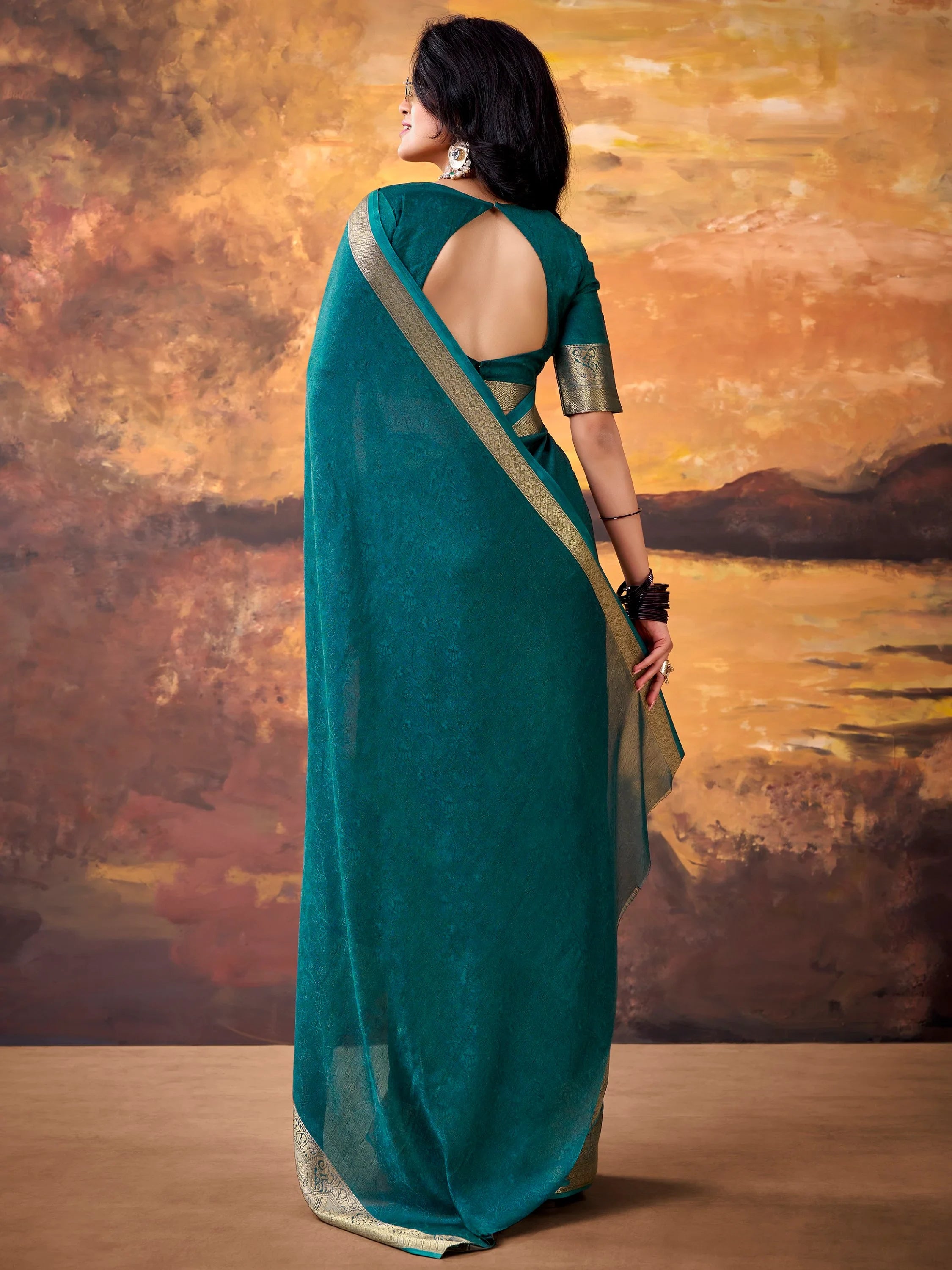 Amazeballs Teal Green Zari Border Georgette Traditional Saree With Blouse