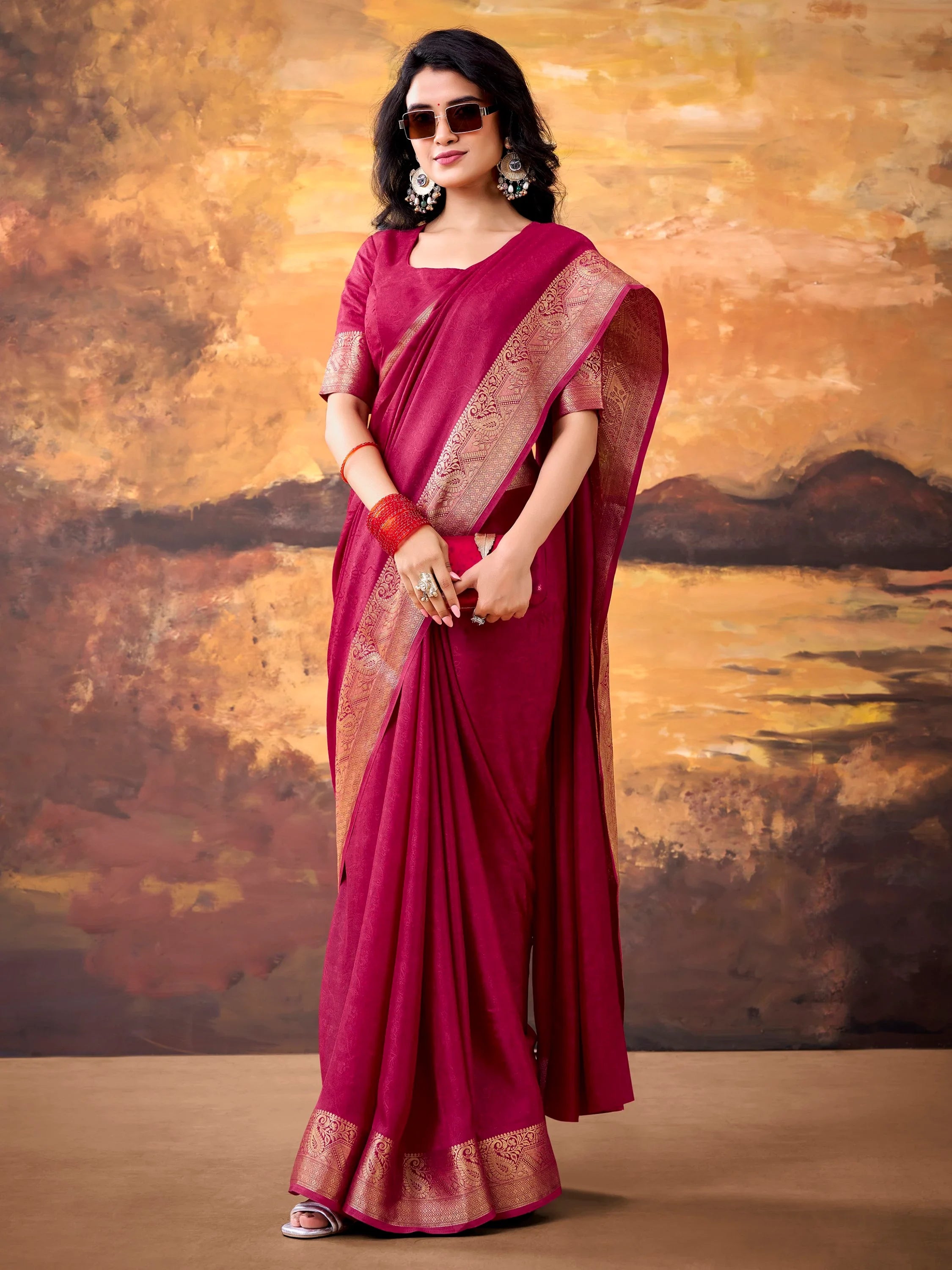 Fashionable Pink Zari Border Georgette Event Wear Saree With Blouse