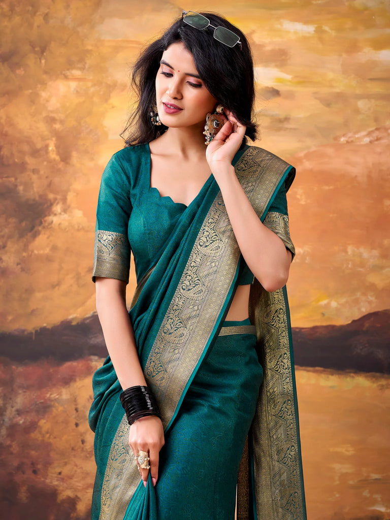 Amazeballs Teal Green Zari Border Georgette Traditional Saree With Blouse