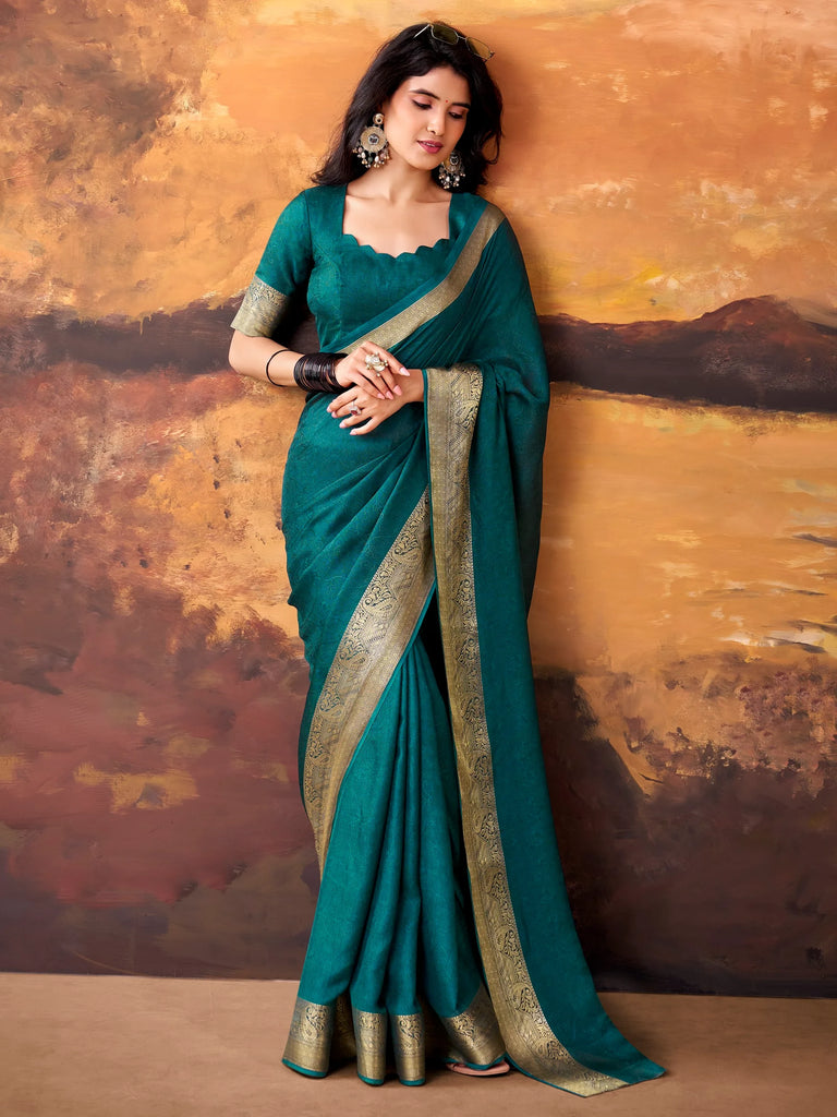 Amazeballs Teal Green Zari Border Georgette Traditional Saree With Blouse
