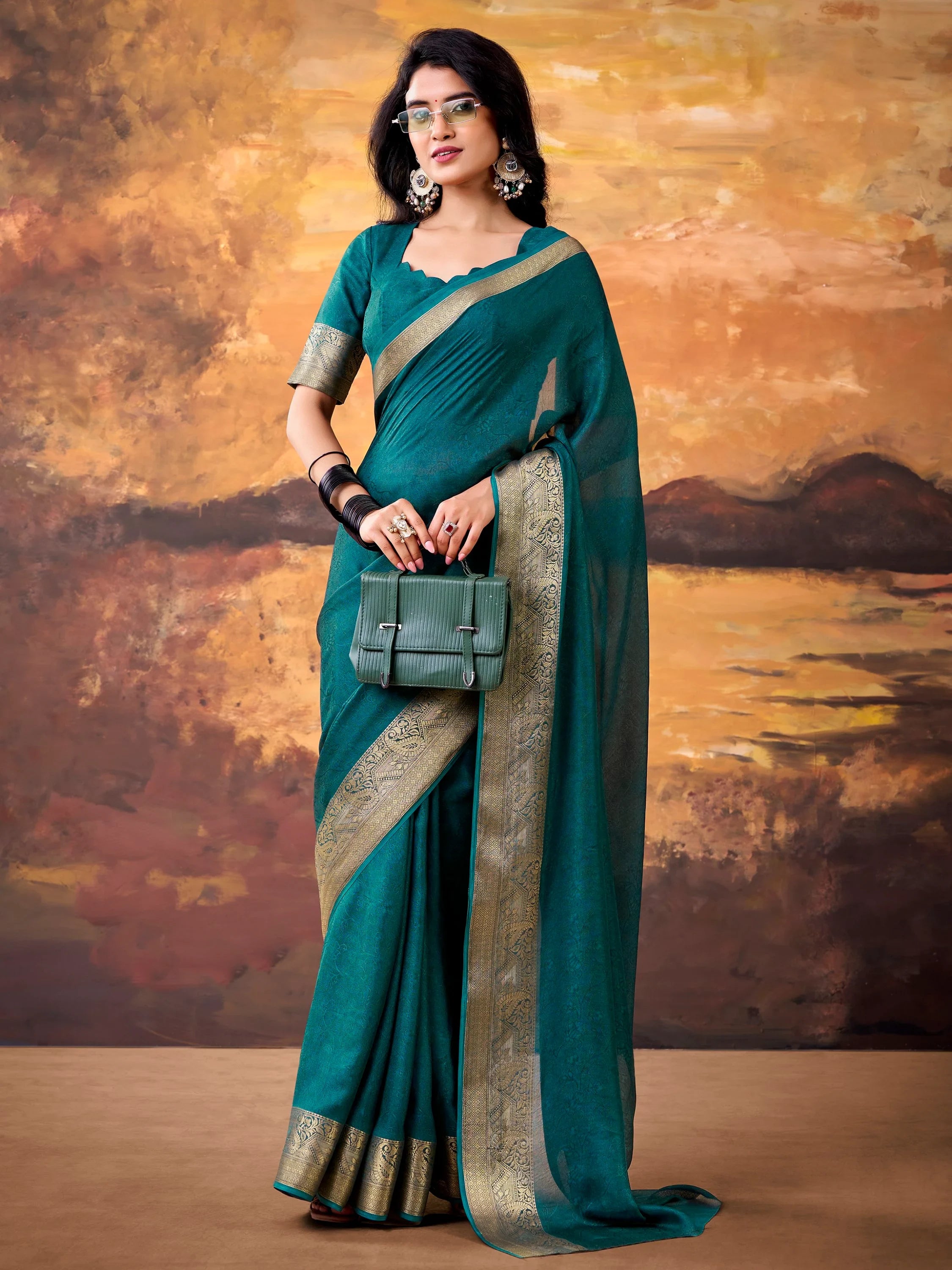 Amazeballs Teal Green Zari Border Georgette Traditional Saree With Blouse