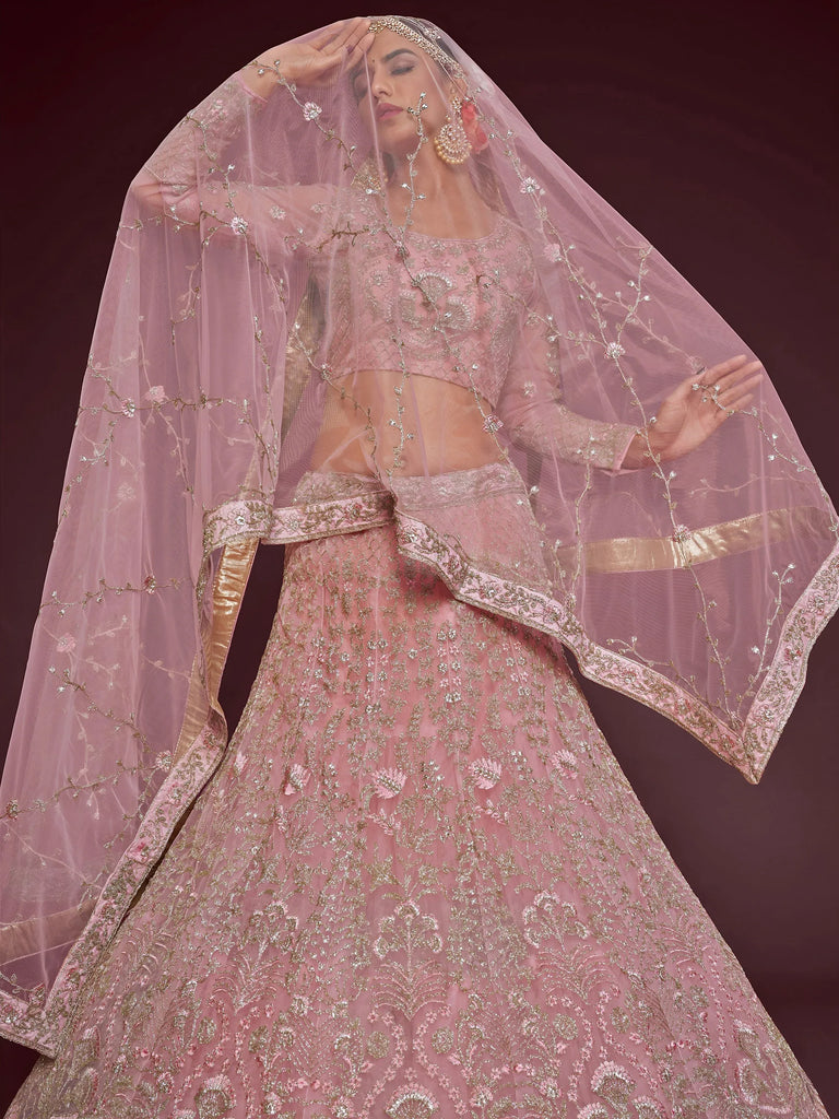 Enchanting Light Pink Embroidered Soft Net Wedding wear Lehenga Choli