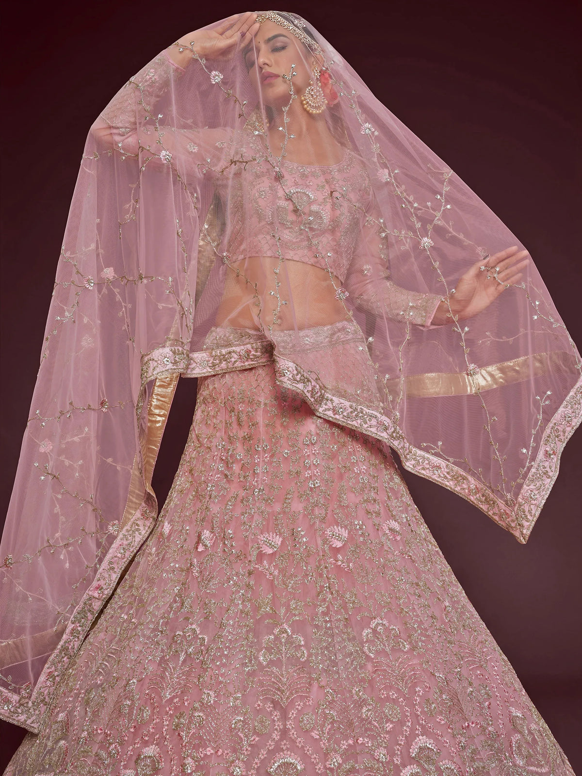 Enchanting Light Pink Embroidered Soft Net Wedding wear Lehenga Choli