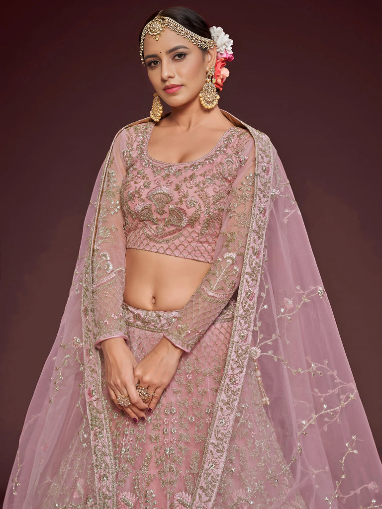 Enchanting Light Pink Embroidered Soft Net Wedding wear Lehenga Choli