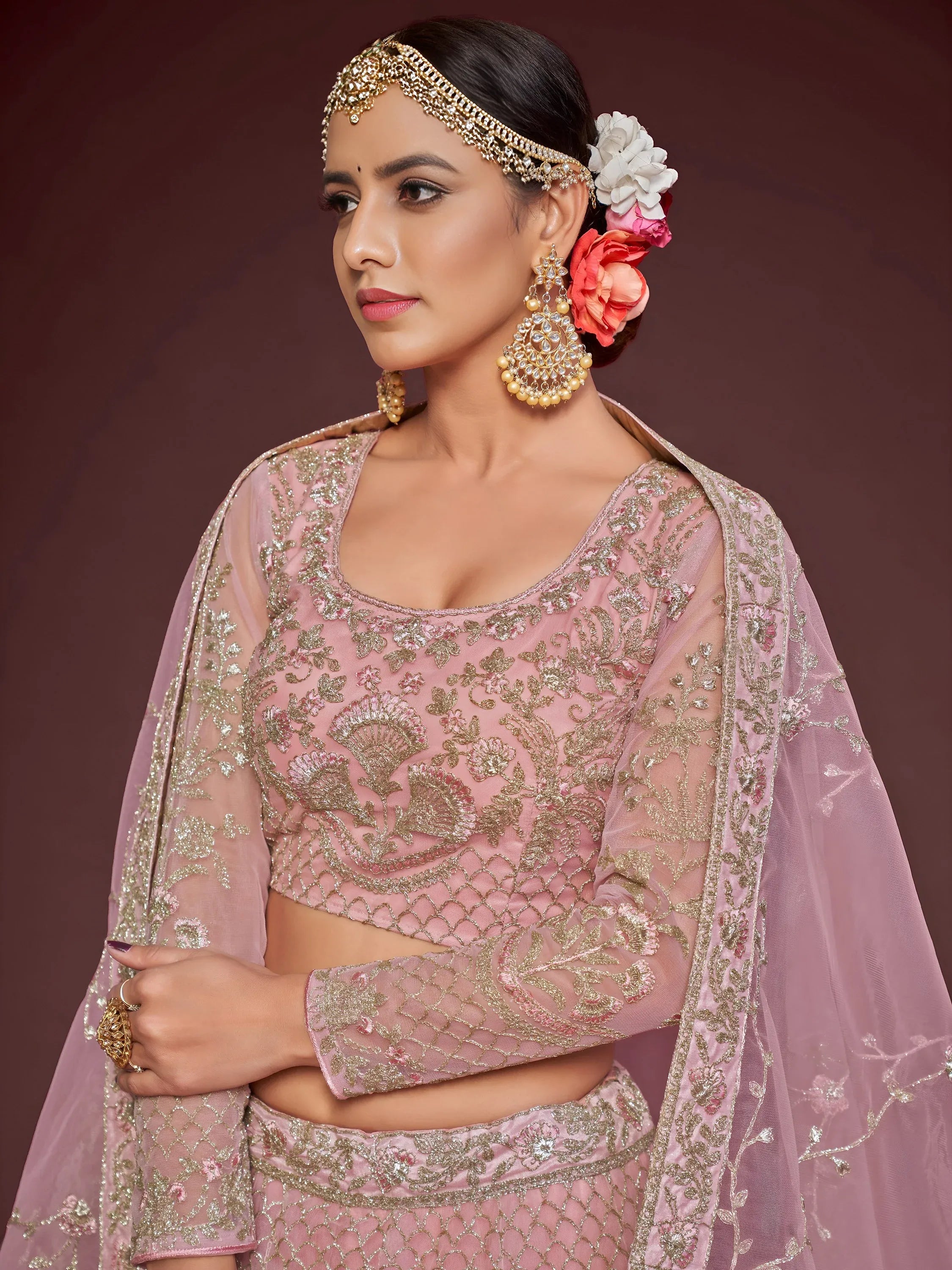 Enchanting Light Pink Embroidered Soft Net Wedding wear Lehenga Choli