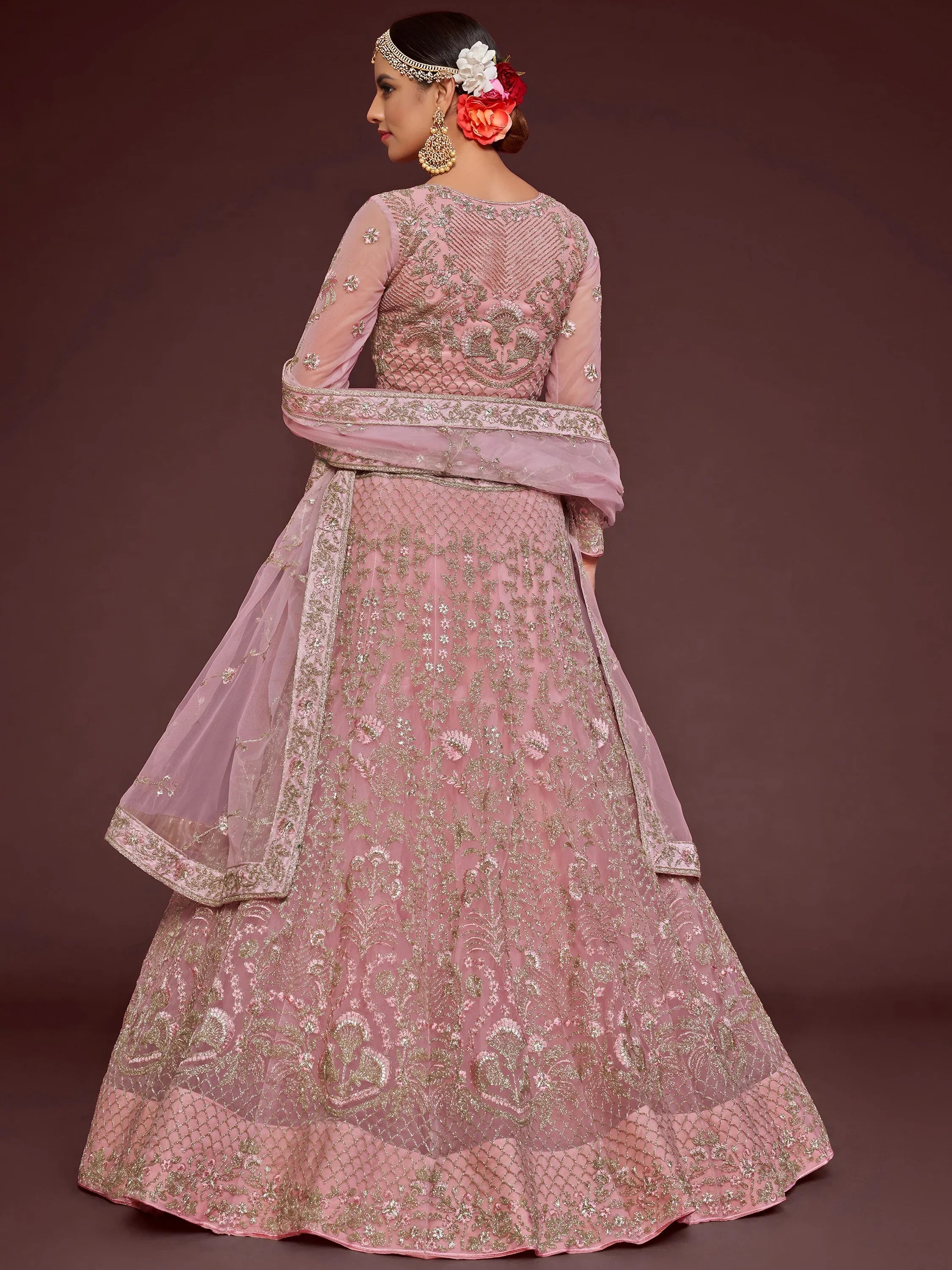 Enchanting Light Pink Embroidered Soft Net Wedding wear Lehenga Choli