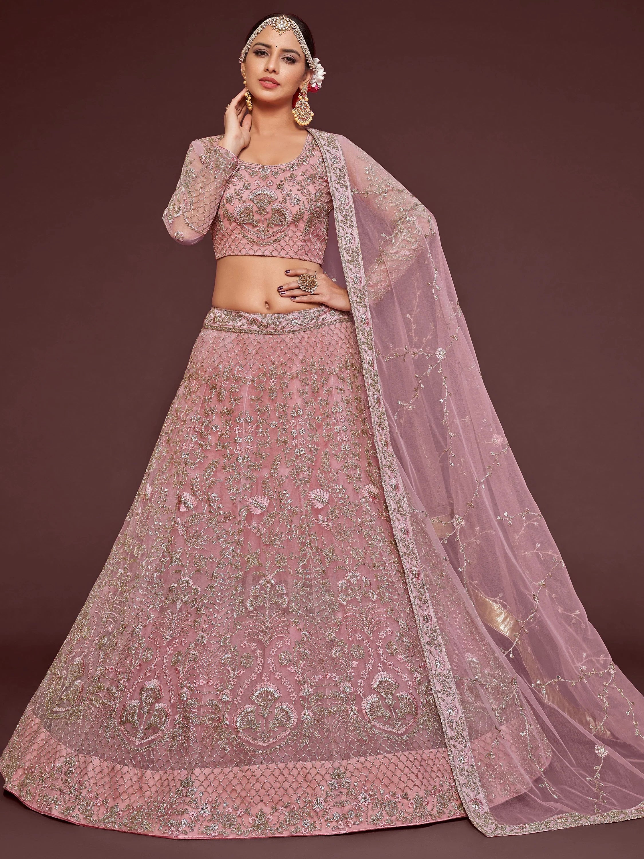 Incredible Pink Embroidered Net Engagement Wear Plus Size Lehenga Choli