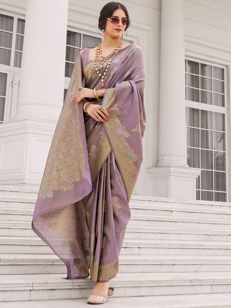 Alluring Lavender Zari Weaving Silk Function Wear Saree With Blouse