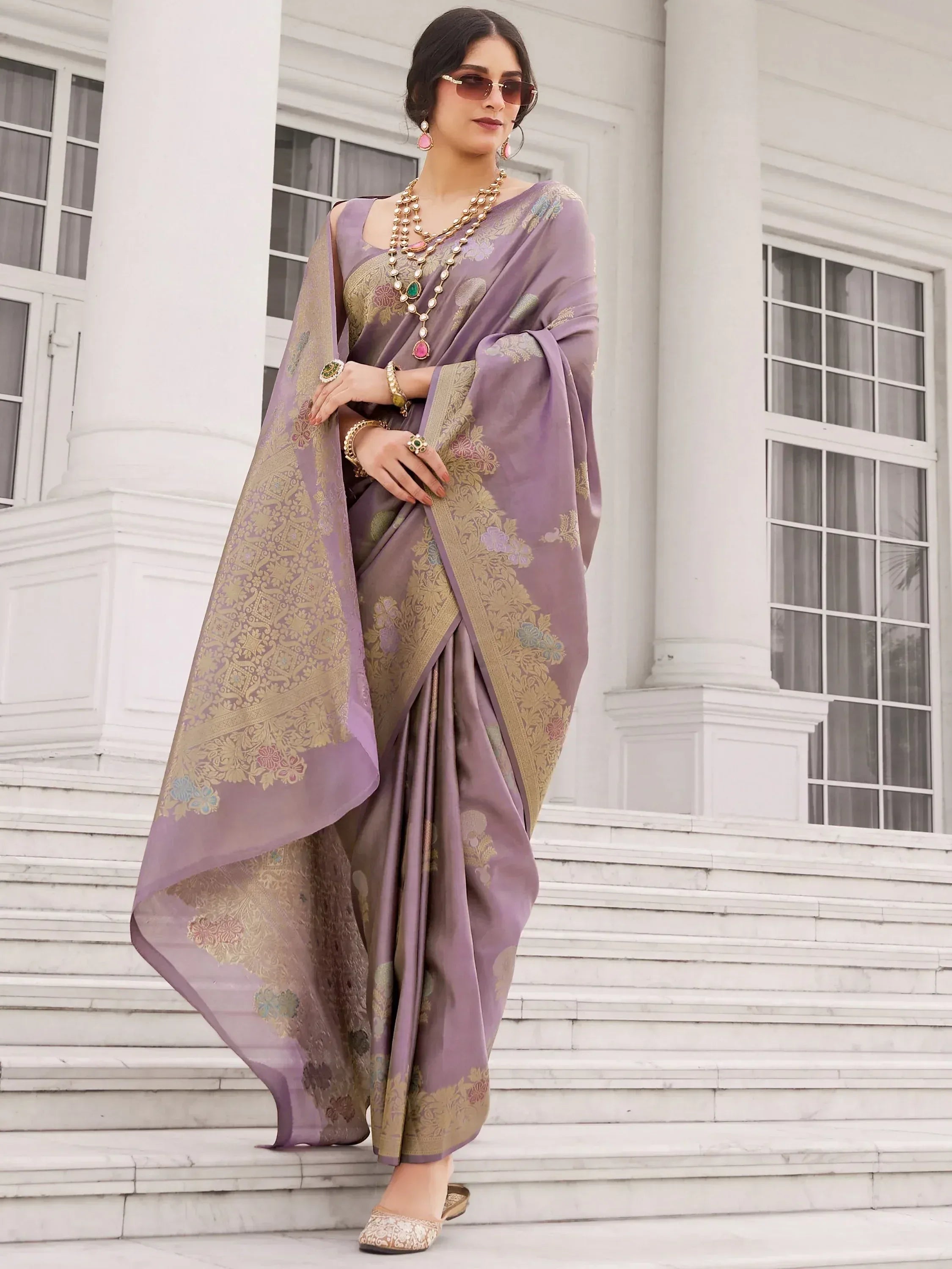 Alluring Lavender Zari Weaving Silk Function Wear Saree With Blouse