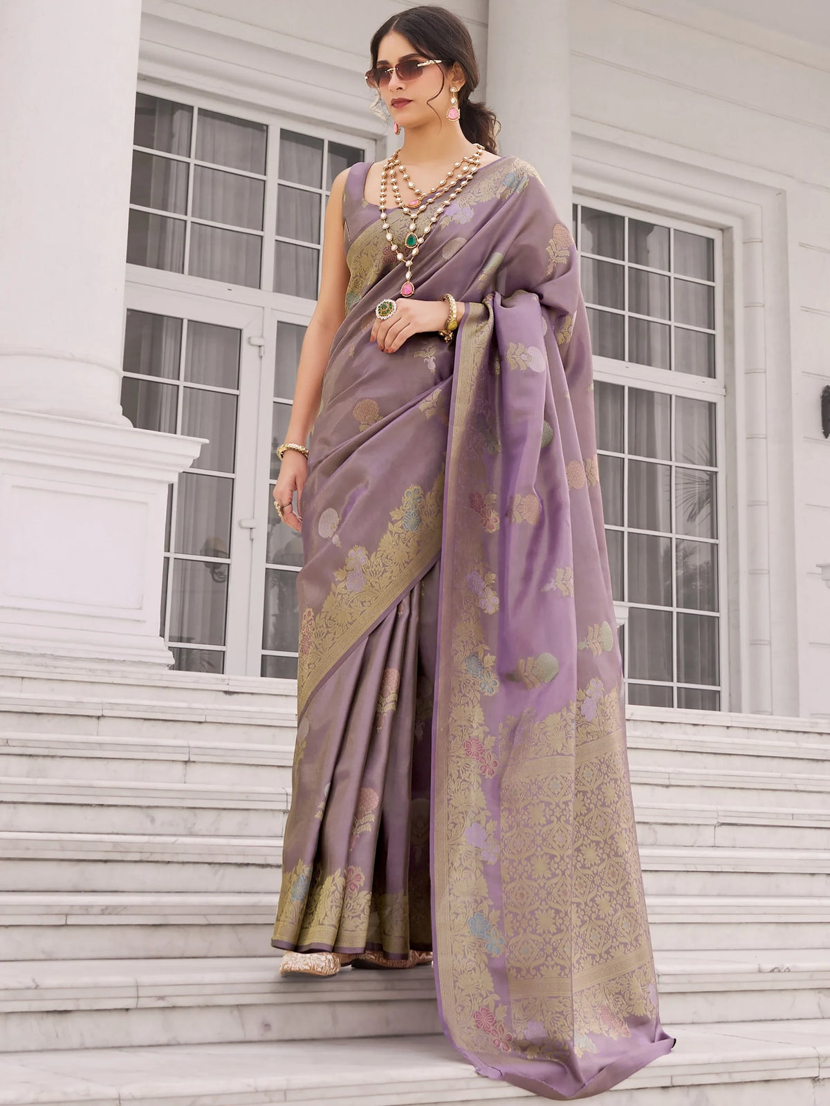 Alluring Lavender Zari Weaving Silk Function Wear Saree With Blouse
