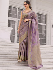 Alluring Lavender Zari Weaving Silk Function Wear Saree With Blouse