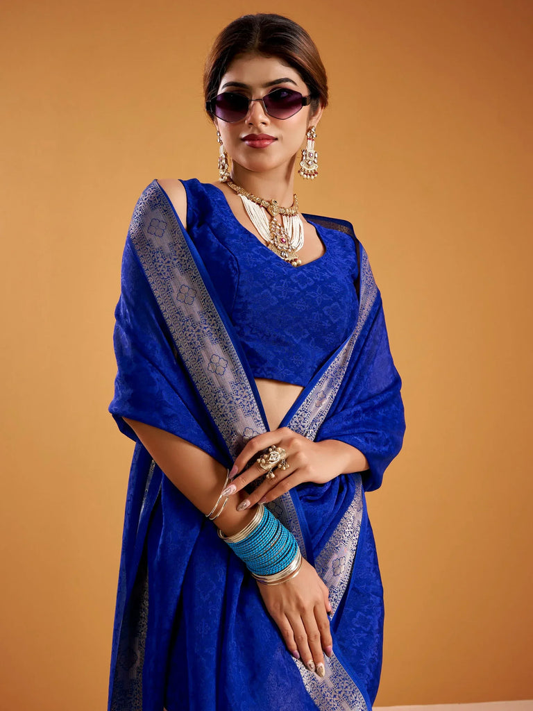 Beautiful Royal Blue Zari Weaving Silk Festive Wear Saree With Blouse