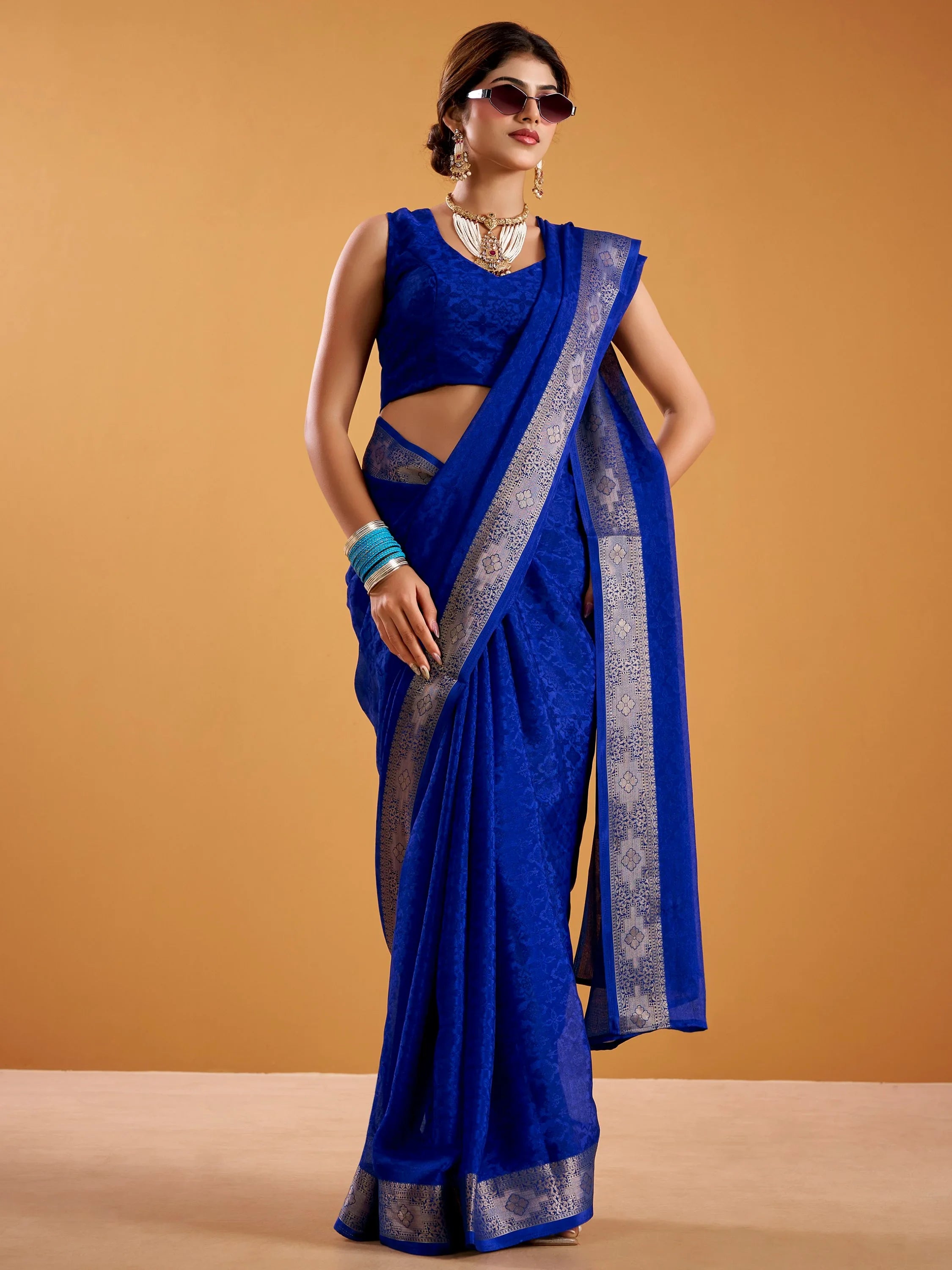 Beautiful Royal Blue Zari Weaving Silk Festive Wear Saree With Blouse