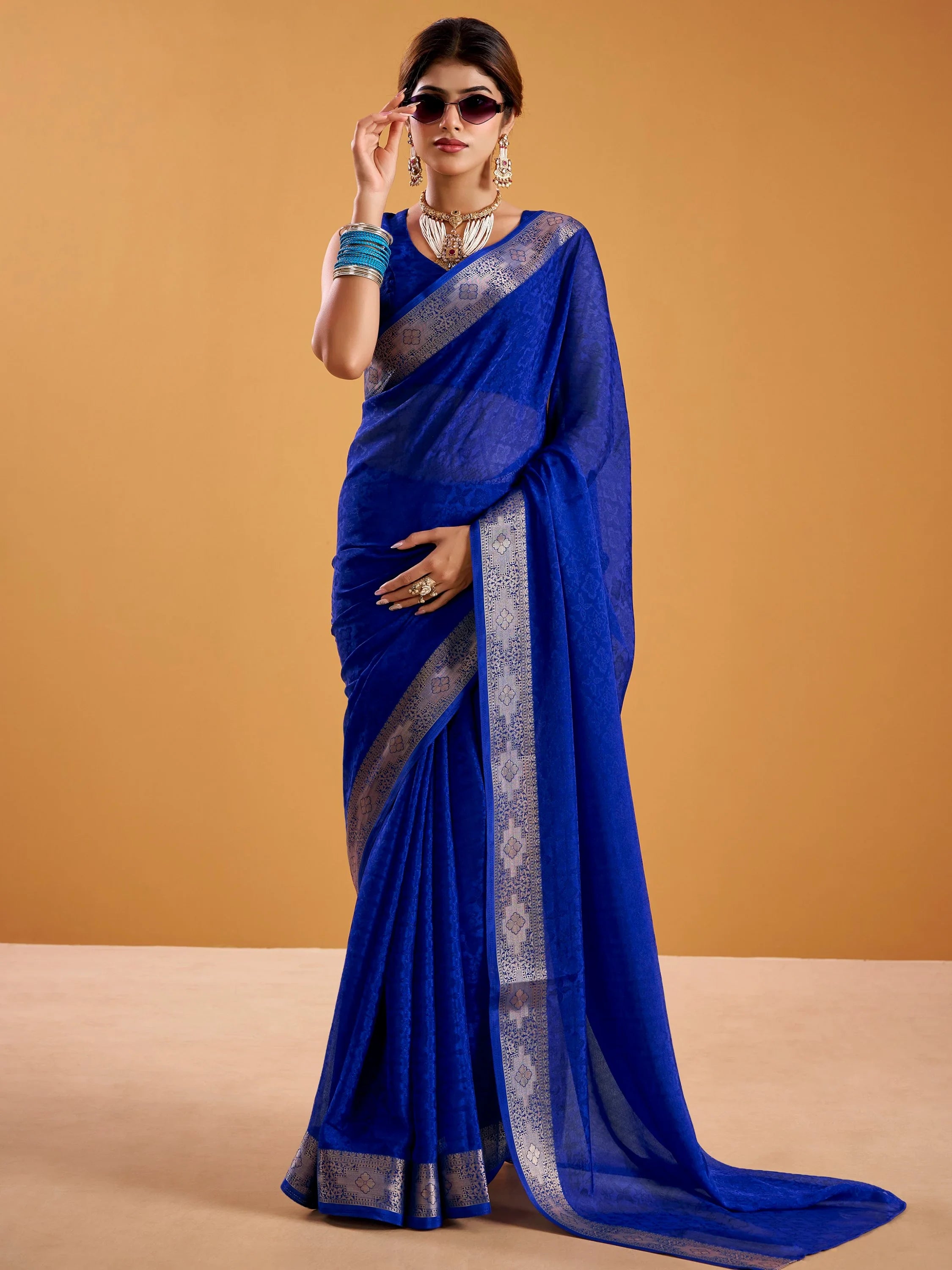 Beautiful Royal Blue Zari Weaving Silk Festive Wear Saree With Blouse