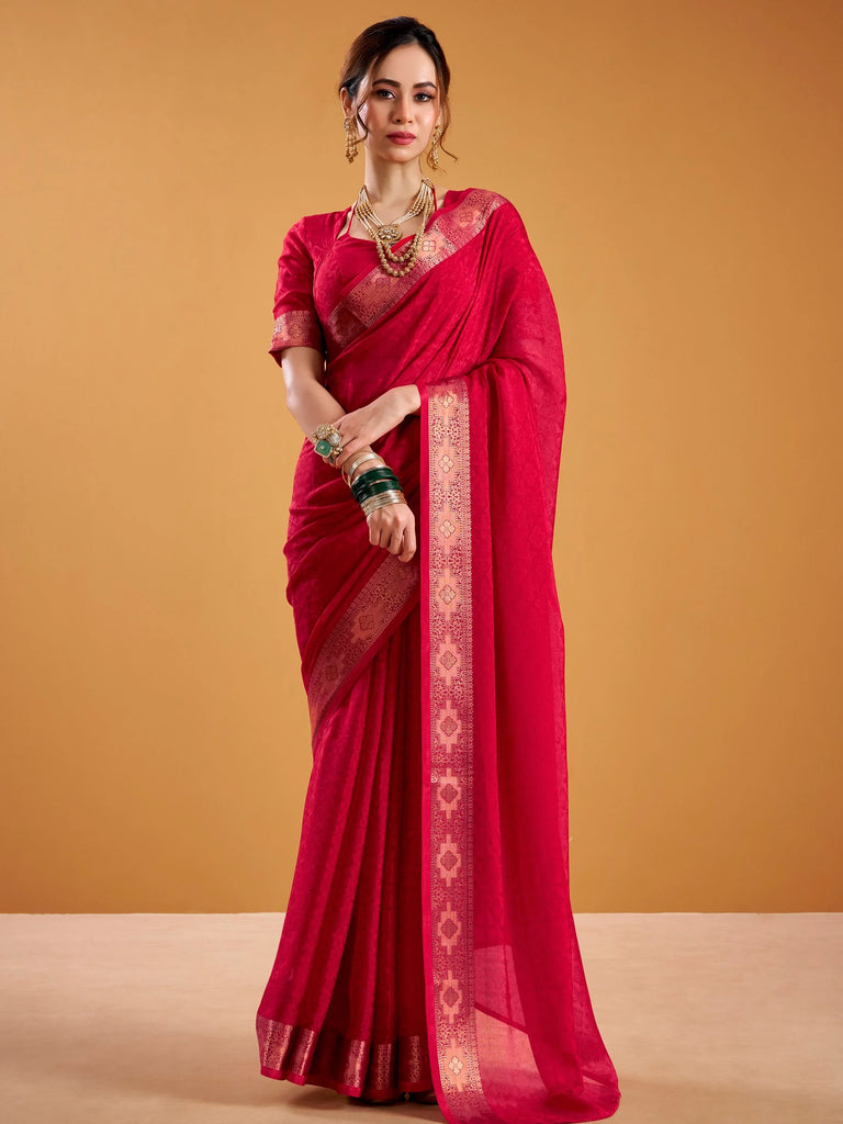 Lovely Red Zari Work Silk Wedding Wear Saree With Blouse
