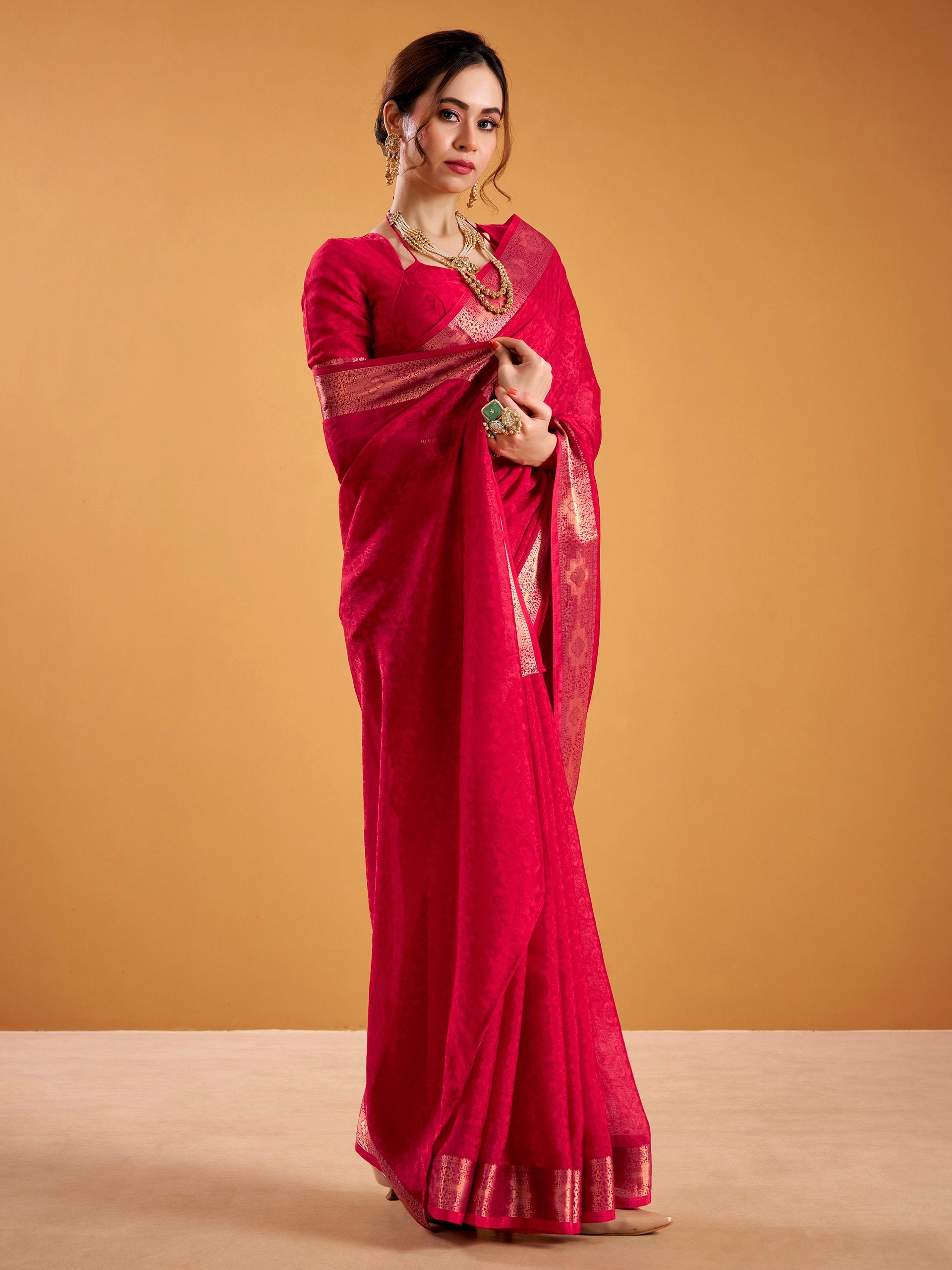 Lovely Red Zari Work Silk Wedding Wear Saree With Blouse