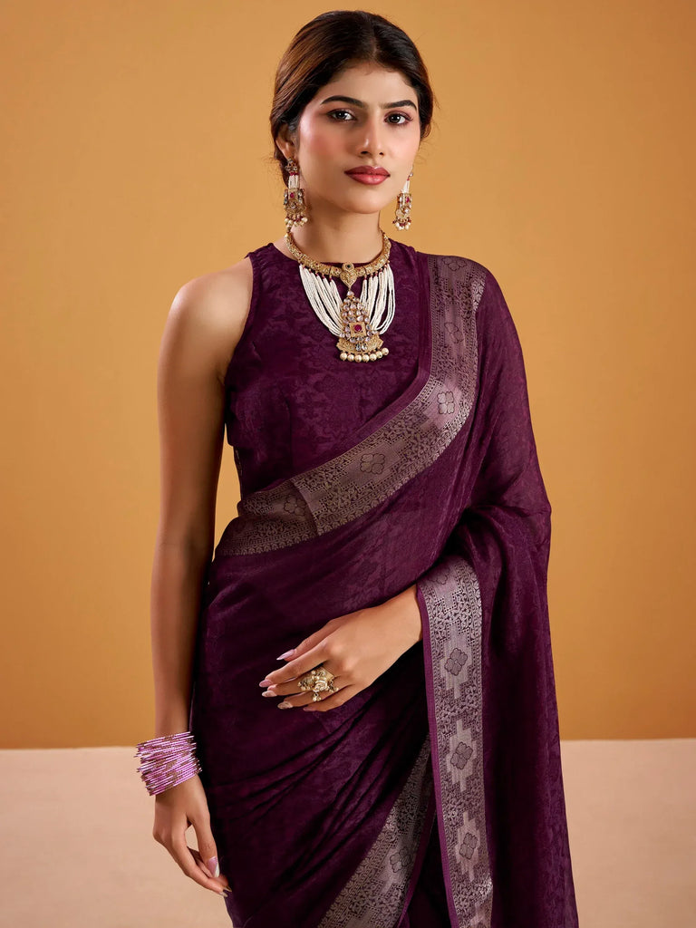 Appealing Wine Zari Work Silk Traditional Saree With Blouse