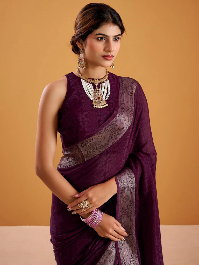 Appealing Wine Zari Work Silk Traditional Saree With Blouse