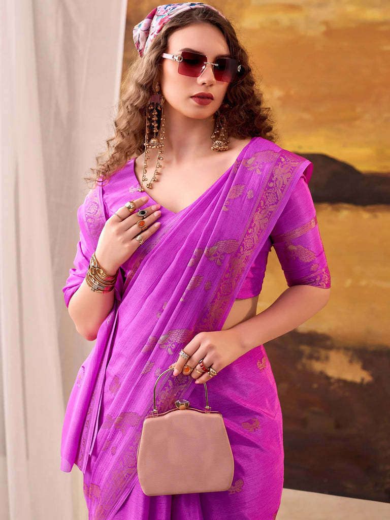Bewitching Pink Zari Weaving Crepe Festive Wear Saree With Blouse