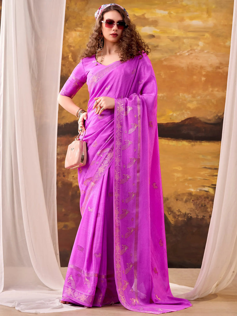 Bewitching Pink Zari Weaving Crepe Festive Wear Saree With Blouse