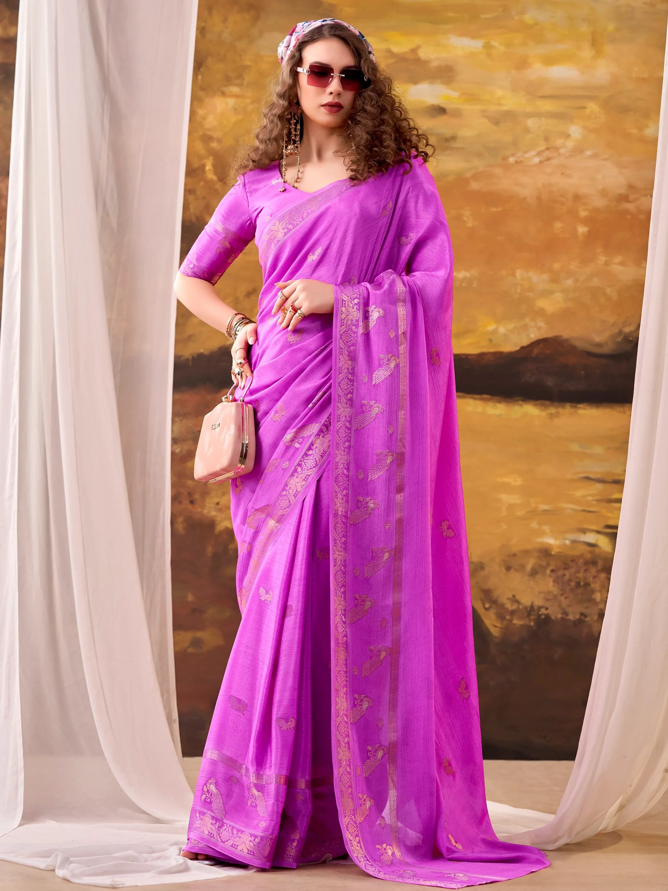 Bewitching Pink Zari Weaving Crepe Festive Wear Saree With Blouse