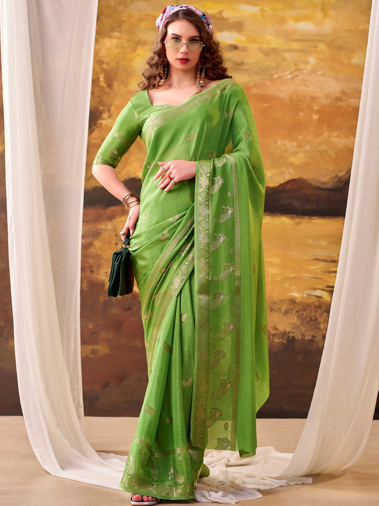 Exclusive Green Zari Weaving Crepe Event Wear Saree With Blouse