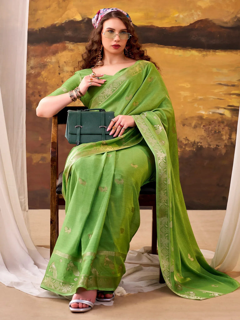 Exclusive Green Zari Weaving Crepe Event Wear Saree With Blouse
