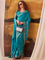 Ravishing Teal Blue Zari Weaving Crepe Casual Wear Saree With Blouse