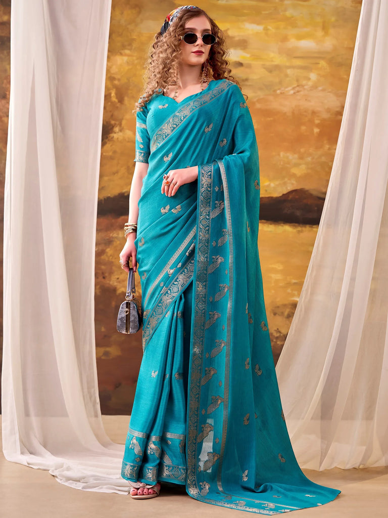 Ravishing Teal Blue Zari Weaving Crepe Casual Wear Saree With Blouse