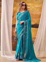 Ravishing Teal Blue Zari Weaving Crepe Casual Wear Saree With Blouse
