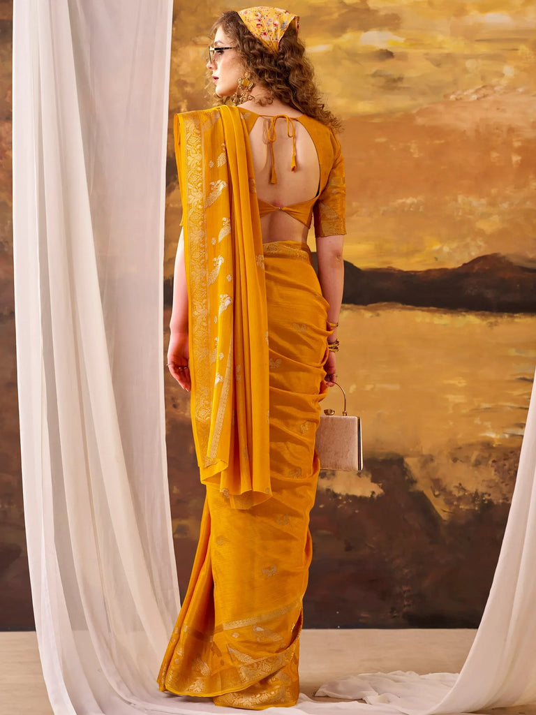 Rich Mustard Yellow Zari Weaving Crepe Haldi Wear Saree With Blouse