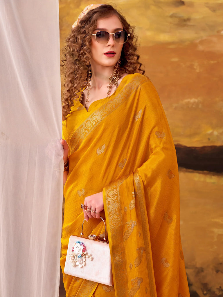 Rich Mustard Yellow Zari Weaving Crepe Haldi Wear Saree With Blouse