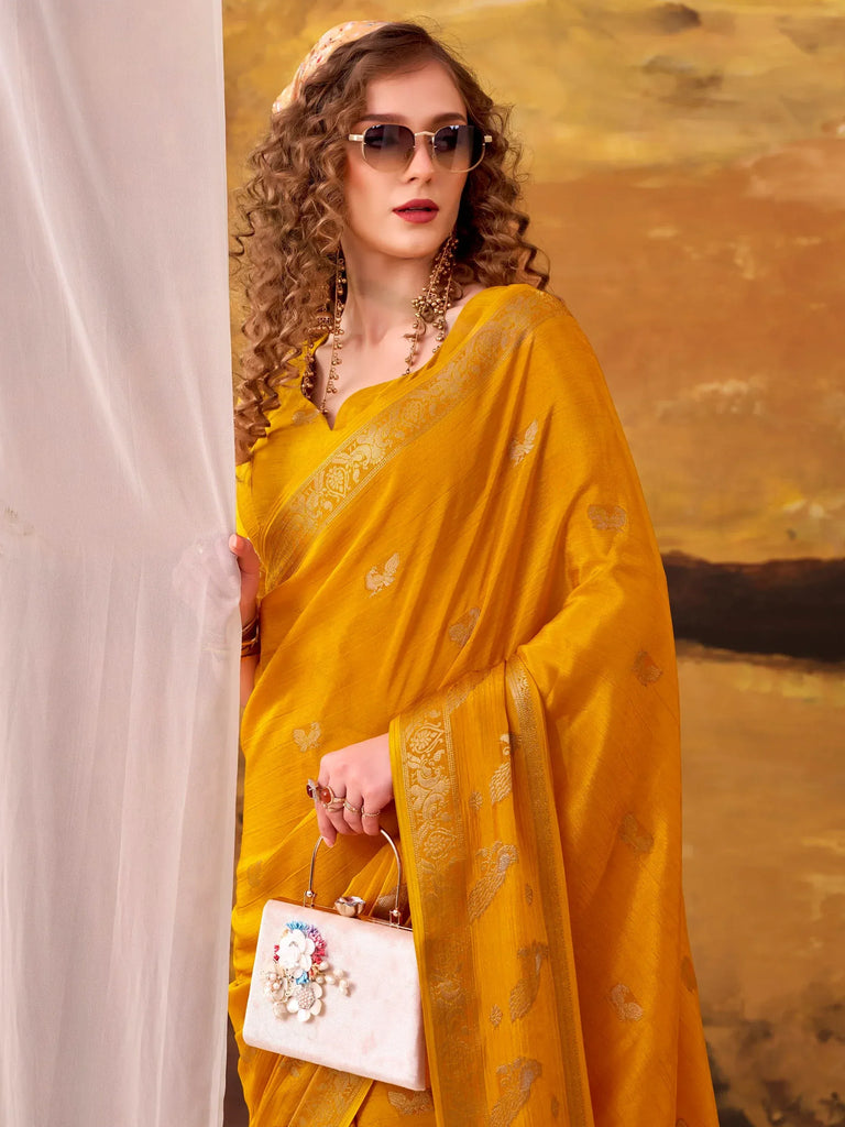Rich Mustard Yellow Zari Weaving Crepe Haldi Wear Saree With Blouse
