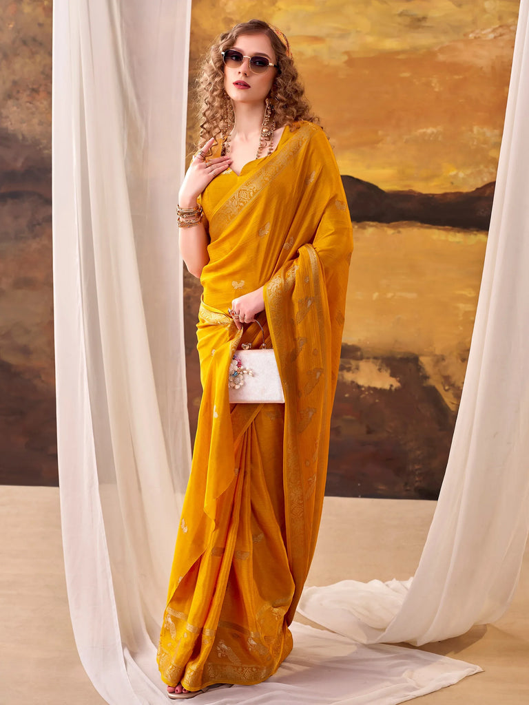 Rich Mustard Yellow Zari Weaving Crepe Haldi Wear Saree With Blouse